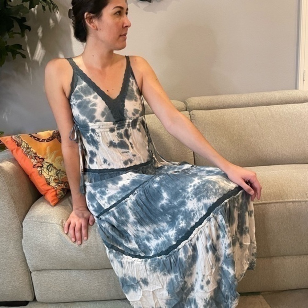 Anthropologie Maxi Dress New Size Tie Dye Blue Tiered Drawstring Boho